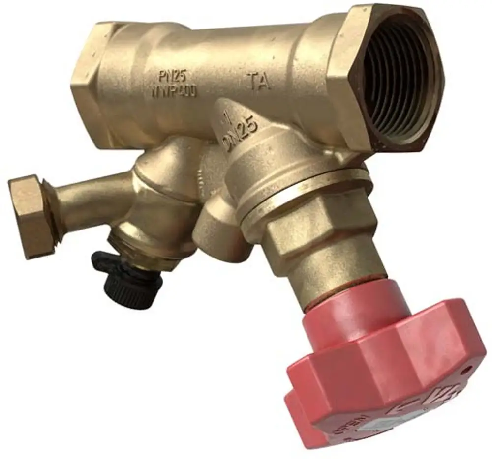 Strangabsperrventil aus Messing mit einem roten Bedienknopf, ausgestattet mit einem Anschluss zur Entleerung und einem weiteren Anschluss, hergestellt von IMI Hydronic Engineering.